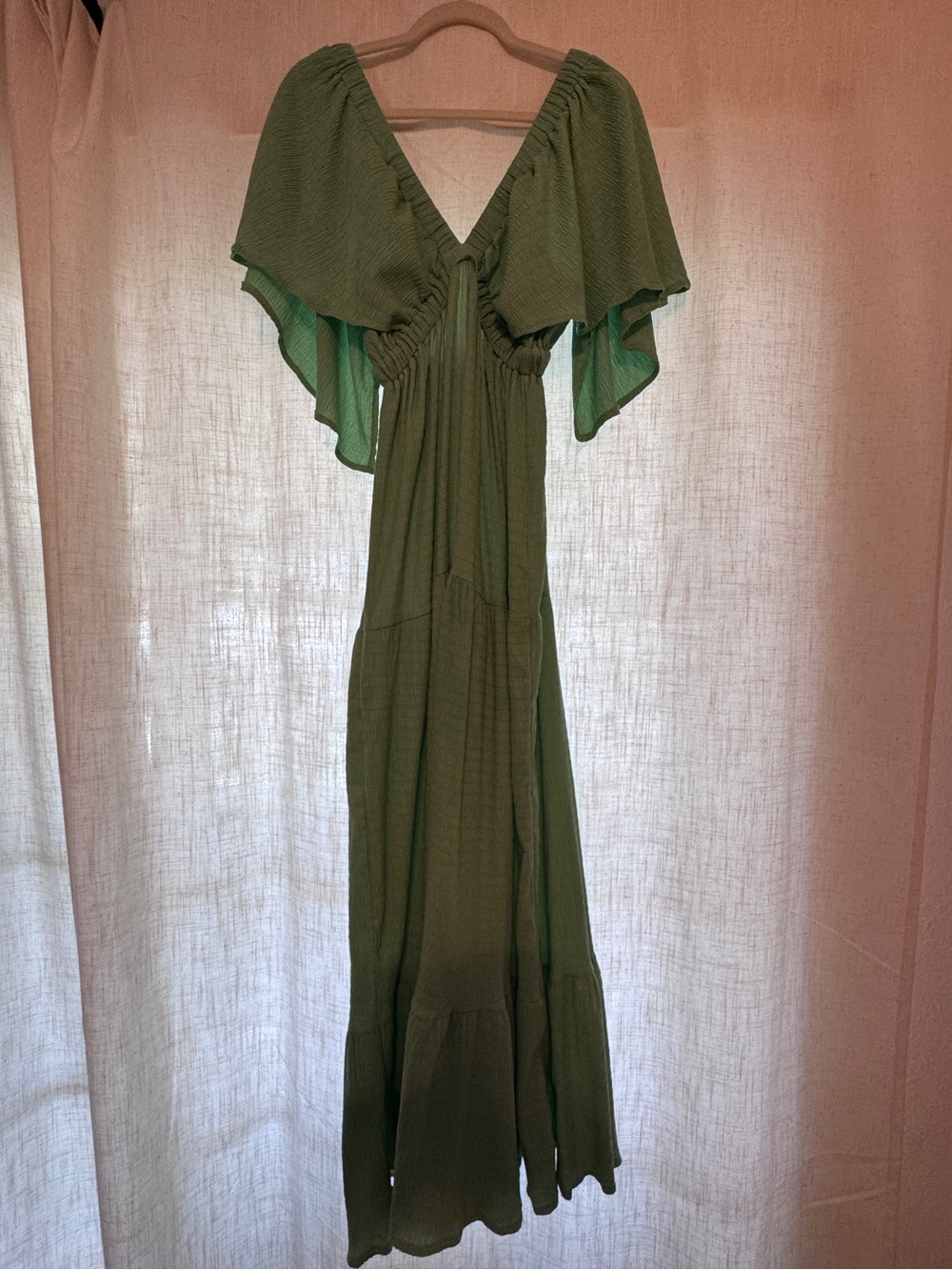 Lemon Olive Green V-Neck Maxi Dress with Flutter Sleeves - Picture 1 of 7
